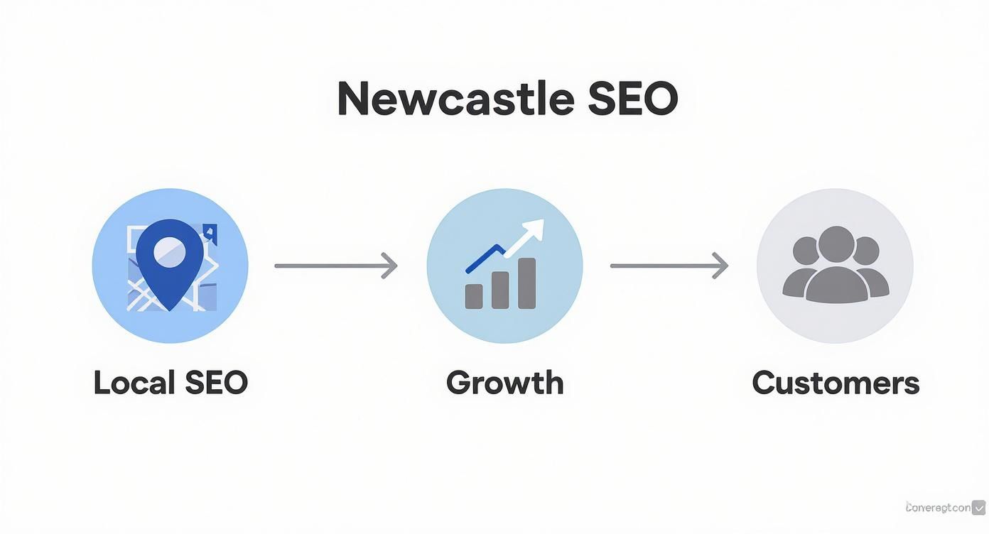 A diagram illustrating the Newcastle SEO process: Local SEO leads to Growth, which leads to Customers.
