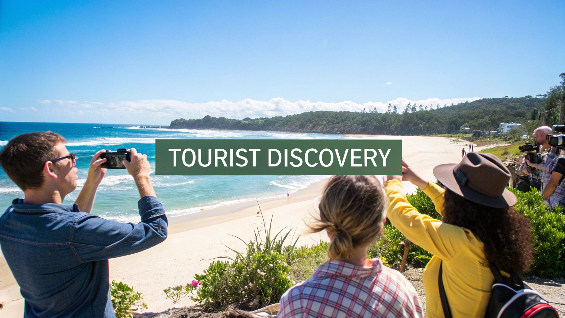 View from a lookout point over a sunny coastline with clear blue water and lush greenery in Noosa, Sunshine Coast
