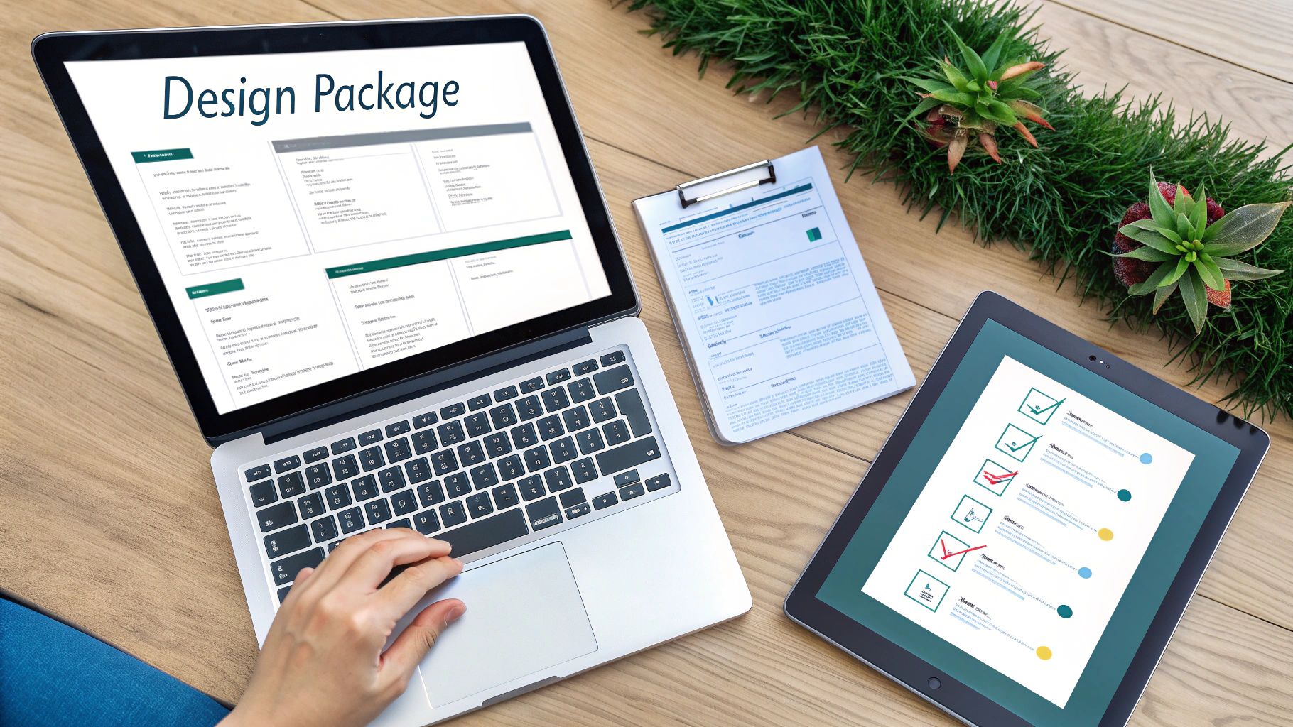 A checklist and design elements on a screen, symbolising the components of a web design package.
