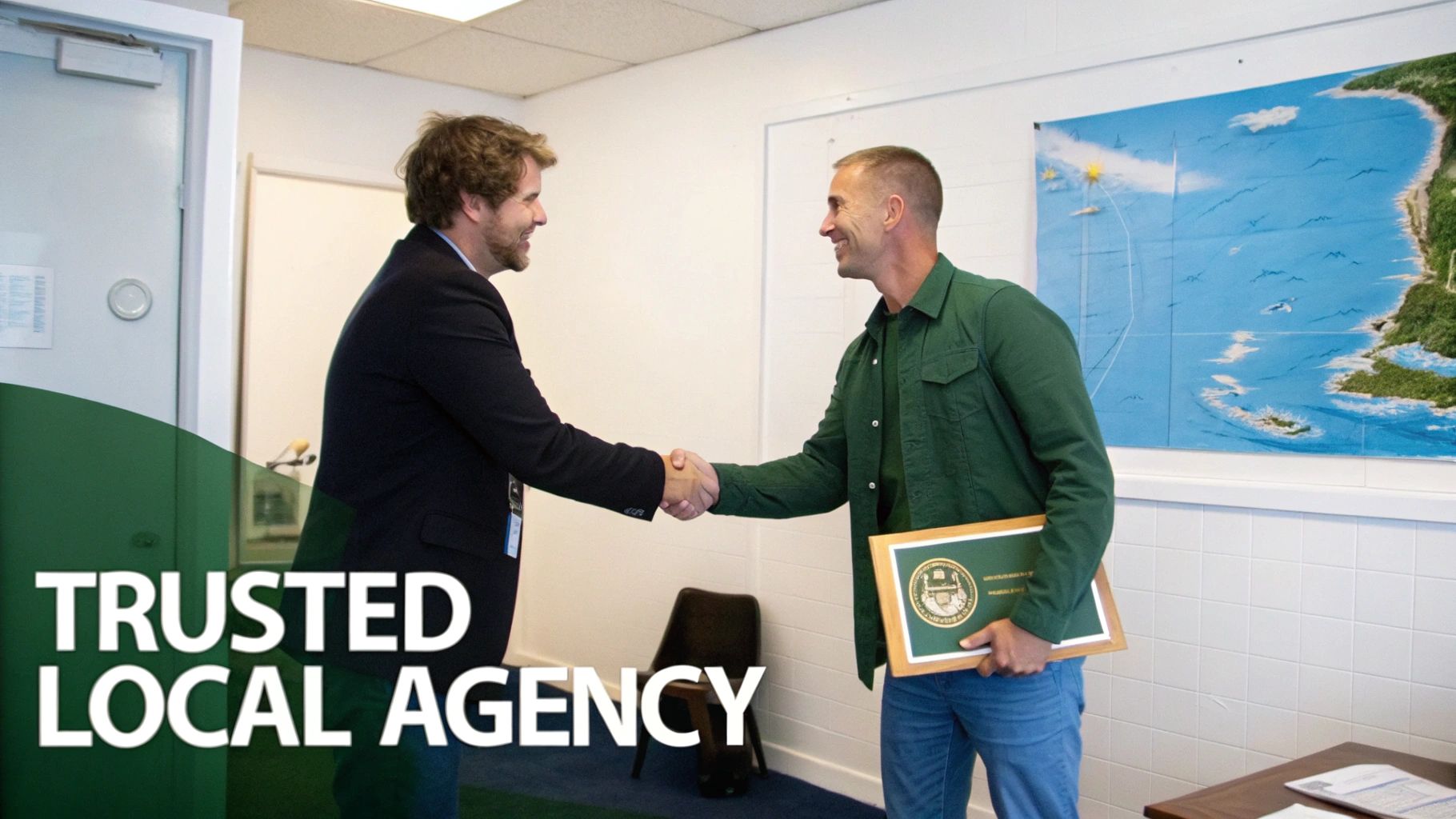 Two smiling men shake hands in an office, one holding a framed award, signifying a trusted local agency.