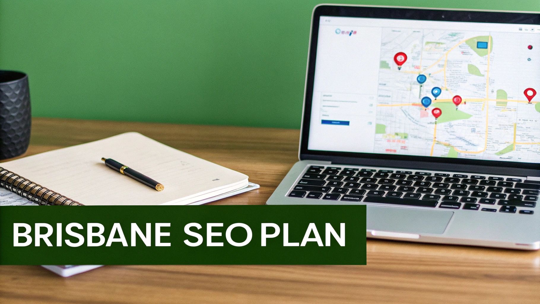 A laptop displaying a map with location pins, a notebook, and a pen on a wooden desk. Text reads 'BRISBANE SEO PLAN'.