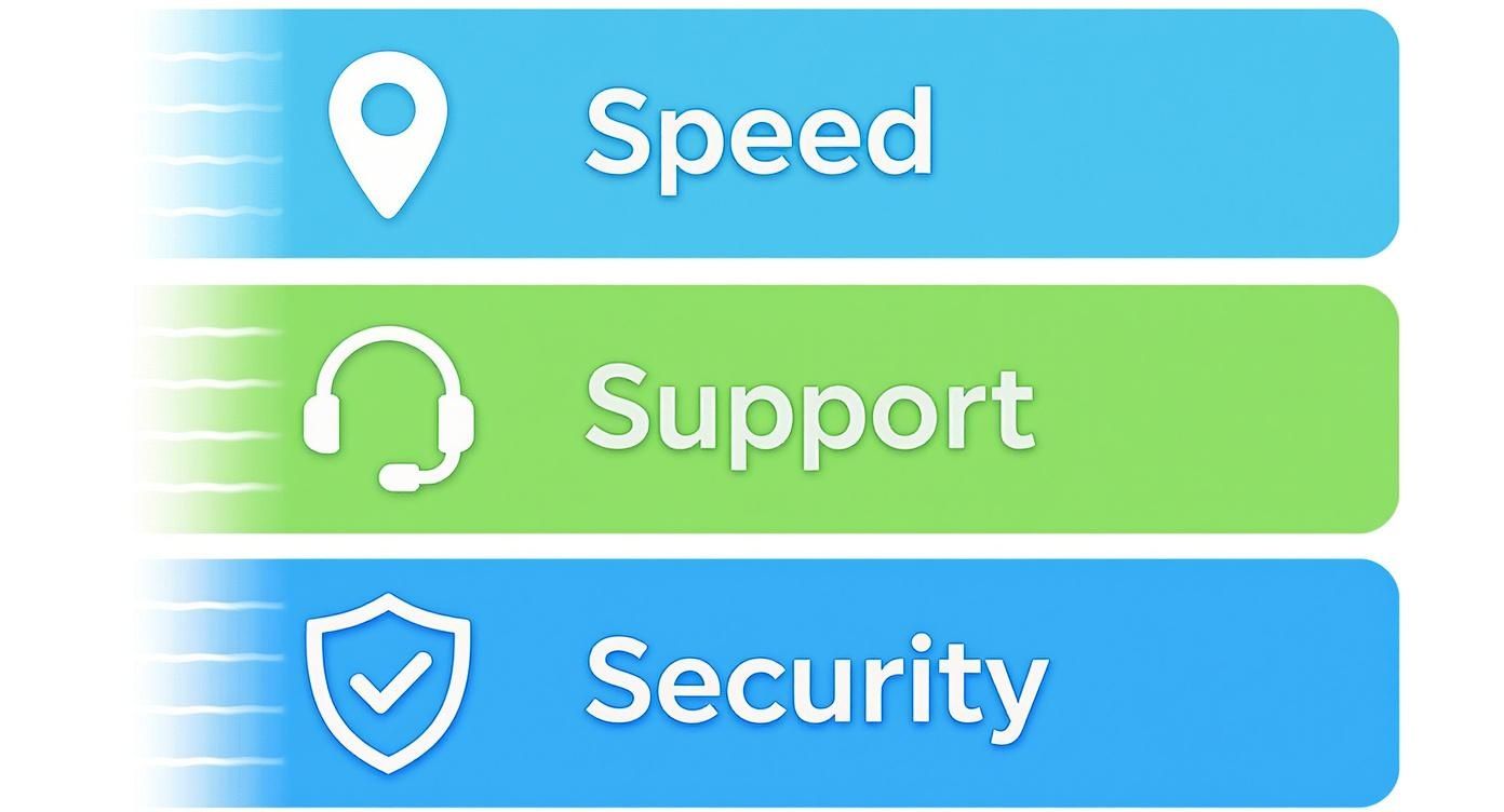 Three colored blocks representing speed with a location pin, support with a headset, and security with a shield.