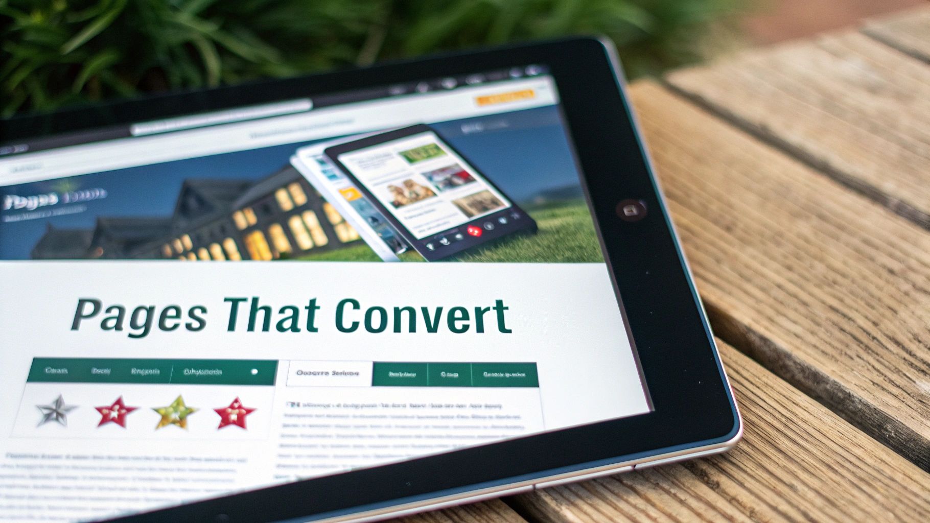 A tablet displays a webpage titled 'Pages That Convert' with star ratings on a wooden table.