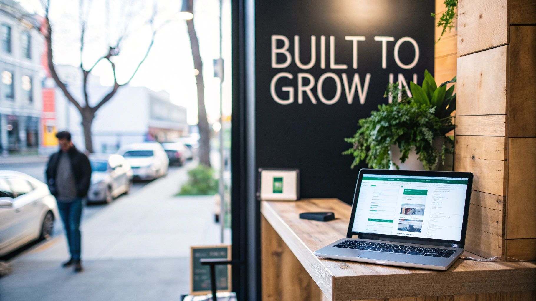 A laptop sits on a wooden counter inside an office with a 'BUILT TO GROW IN' sign, showing a street view outside.
