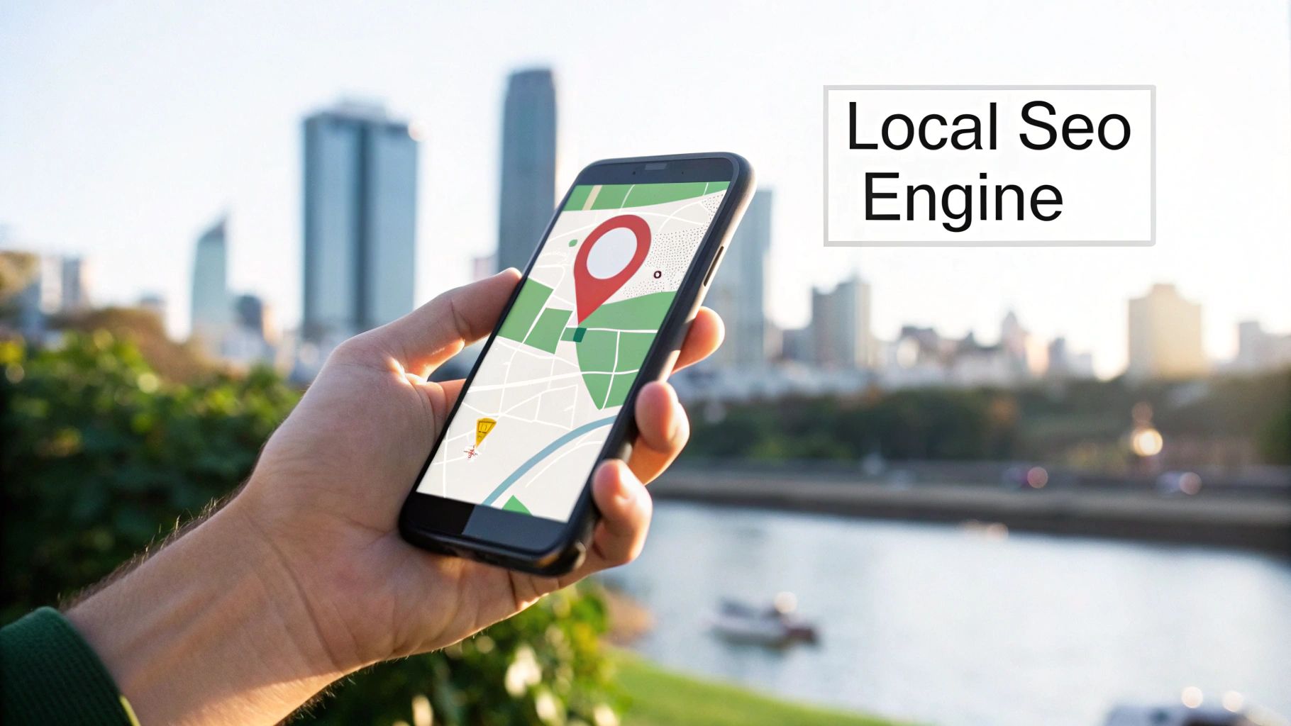 A hand holds a smartphone displaying a map with a red location pin, symbolizing a local SEO engine.