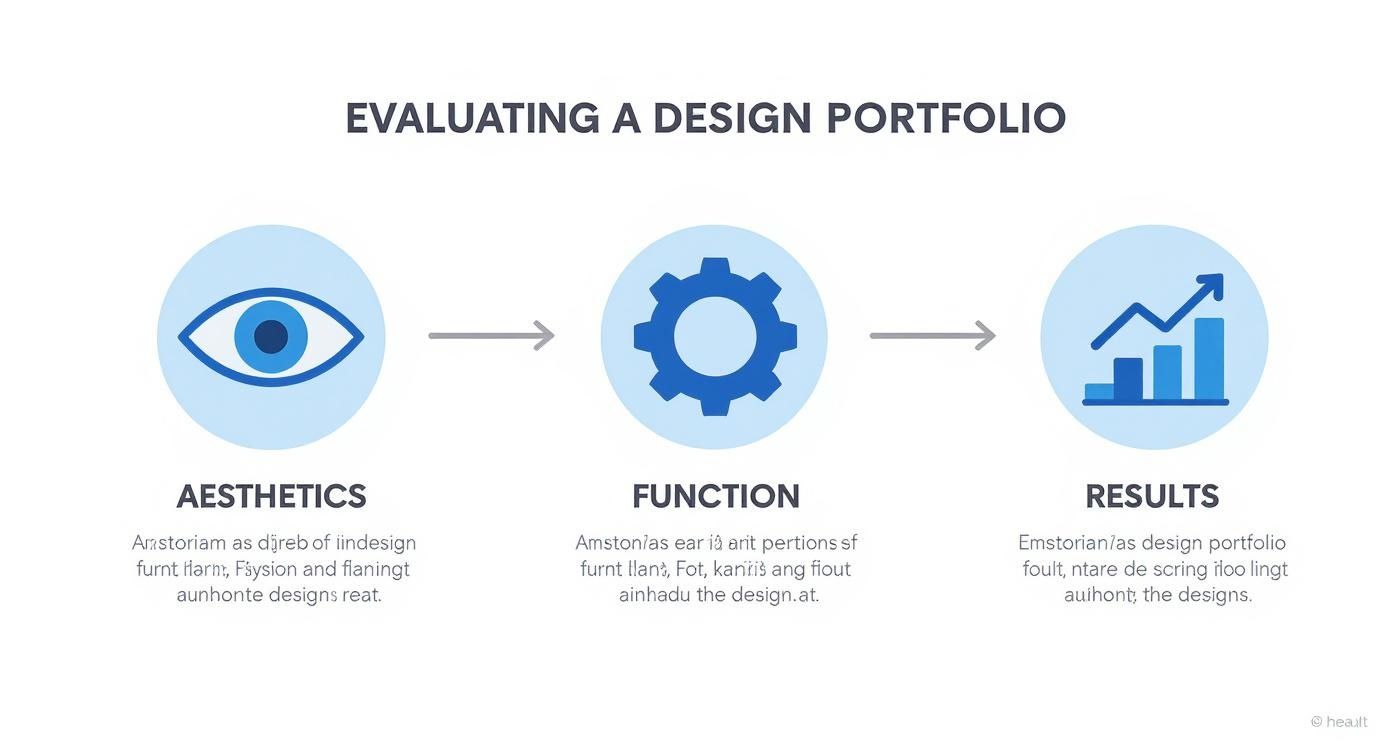 Infographic illustrating a three-step process for evaluating a design portfolio: aesthetics, function, and results.