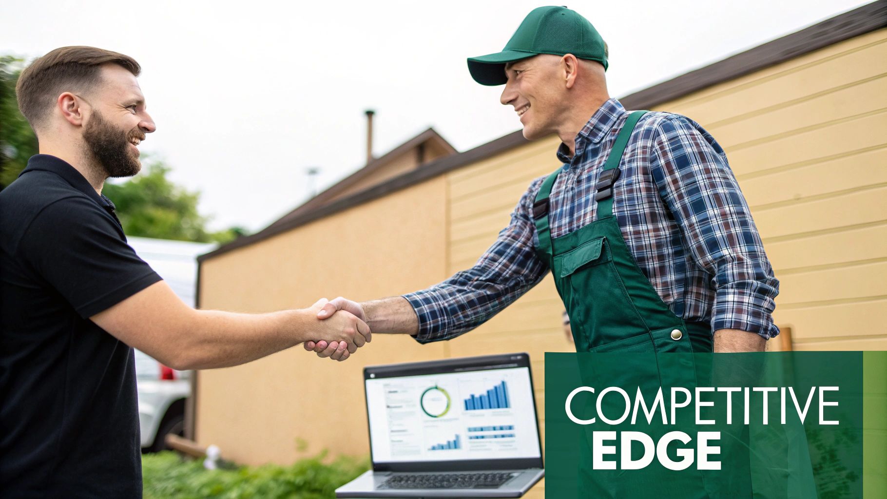 Tradesperson and homeowner shake hands after a successful consultation, with a laptop displaying business data.