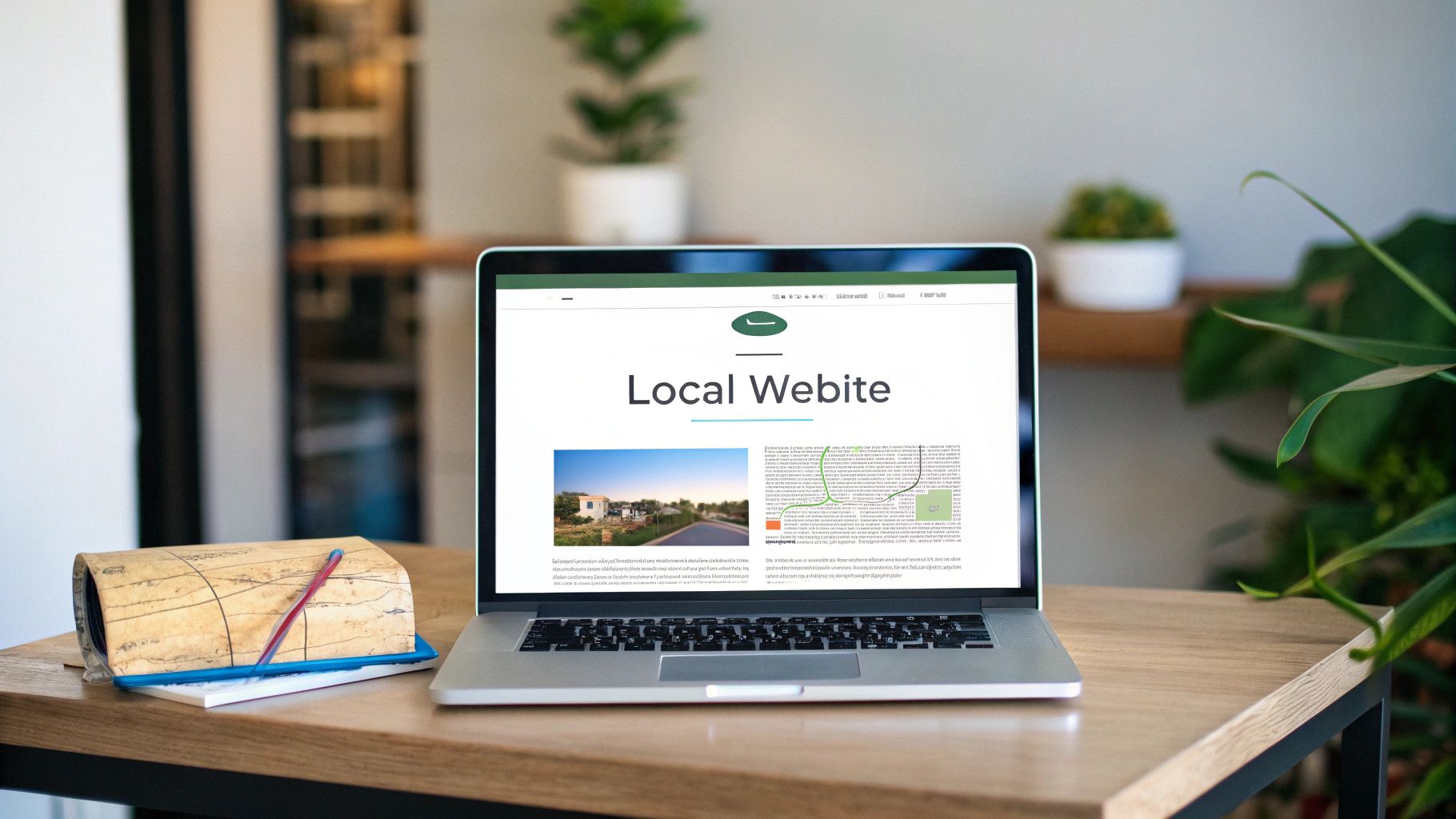 A silver laptop on a wooden desk displays a website about 'Local Webite' with a map and text.
