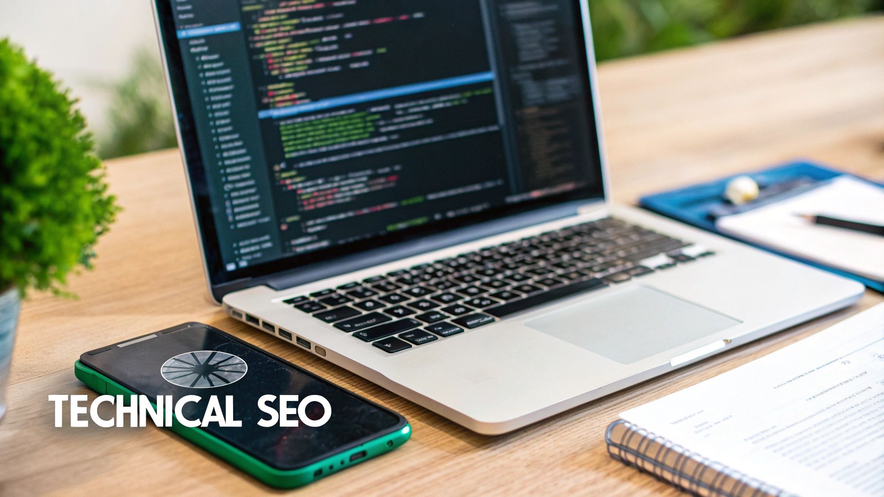 A laptop showing code next to a smartphone with 'TECHNICAL SEO' text on a wooden desk.