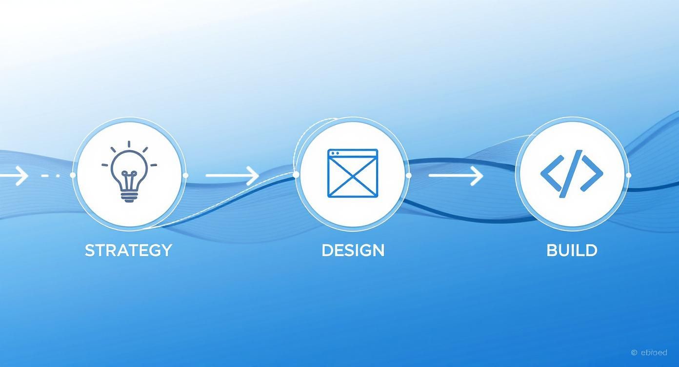 A three-step web development process diagram: Strategy (lightbulb), Design (browser), and Build (code).