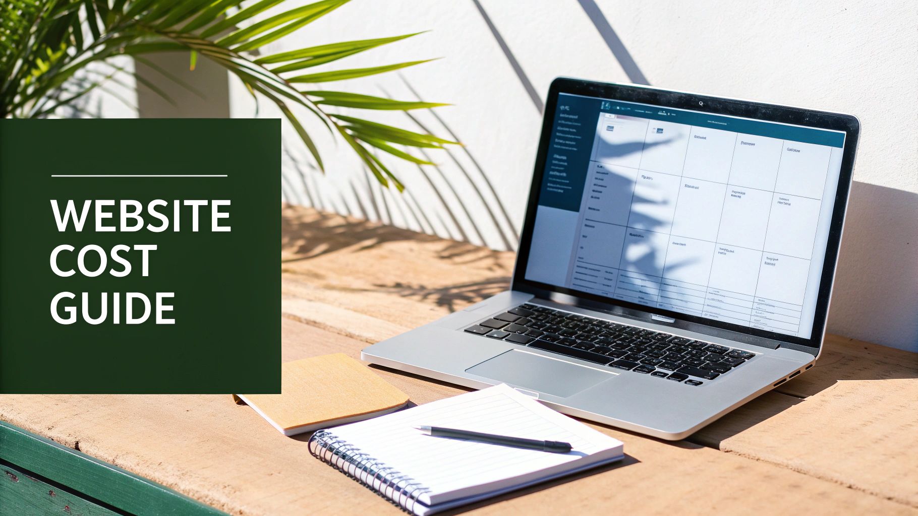 Laptop displaying website planning interface on wooden desk with notebook and palm plant shadow
