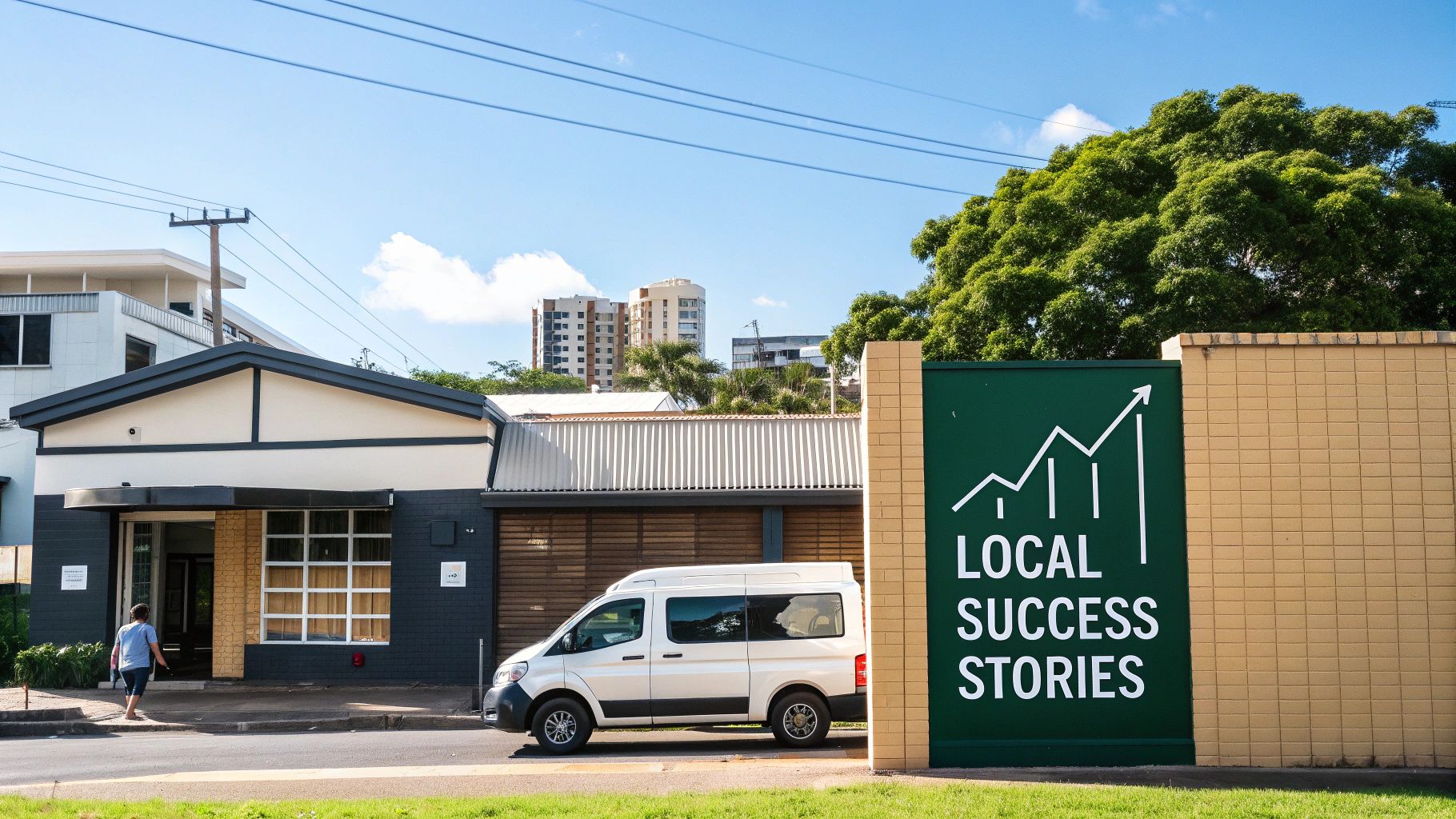 A vibrant street scene showcasing a 'Local Success Stories' sign, a white van, and buildings under a bright blue sky.