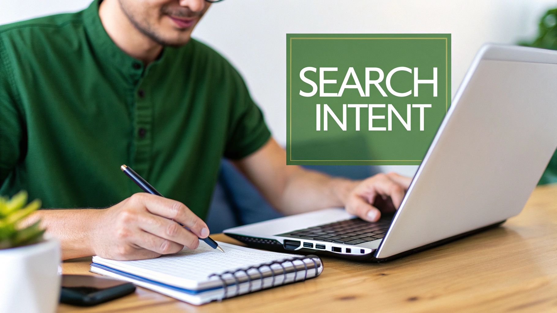 A person typing on a laptop with keyword ideas floating around the screen