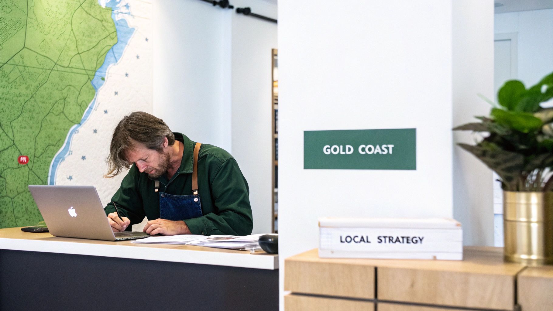 A group of business professionals planning an ad campaign around a large wooden table.