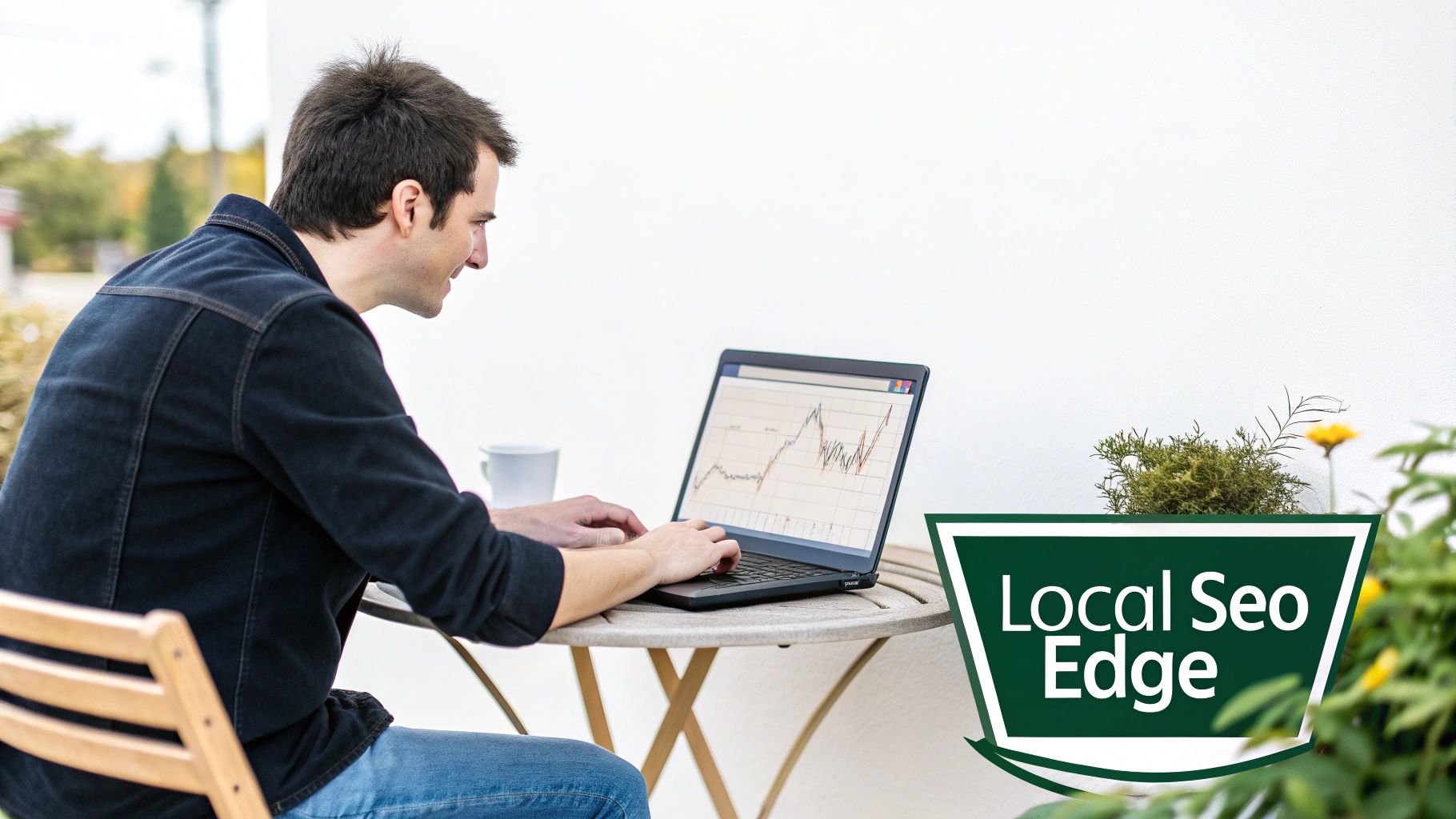 A man works on a laptop outdoors, analyzing a trending graph on the screen, with a mug nearby.