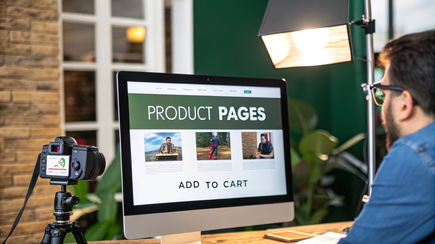 A man reviews 'Product Pages' on a monitor, with a camera recording and studio light, for e-commerce content.