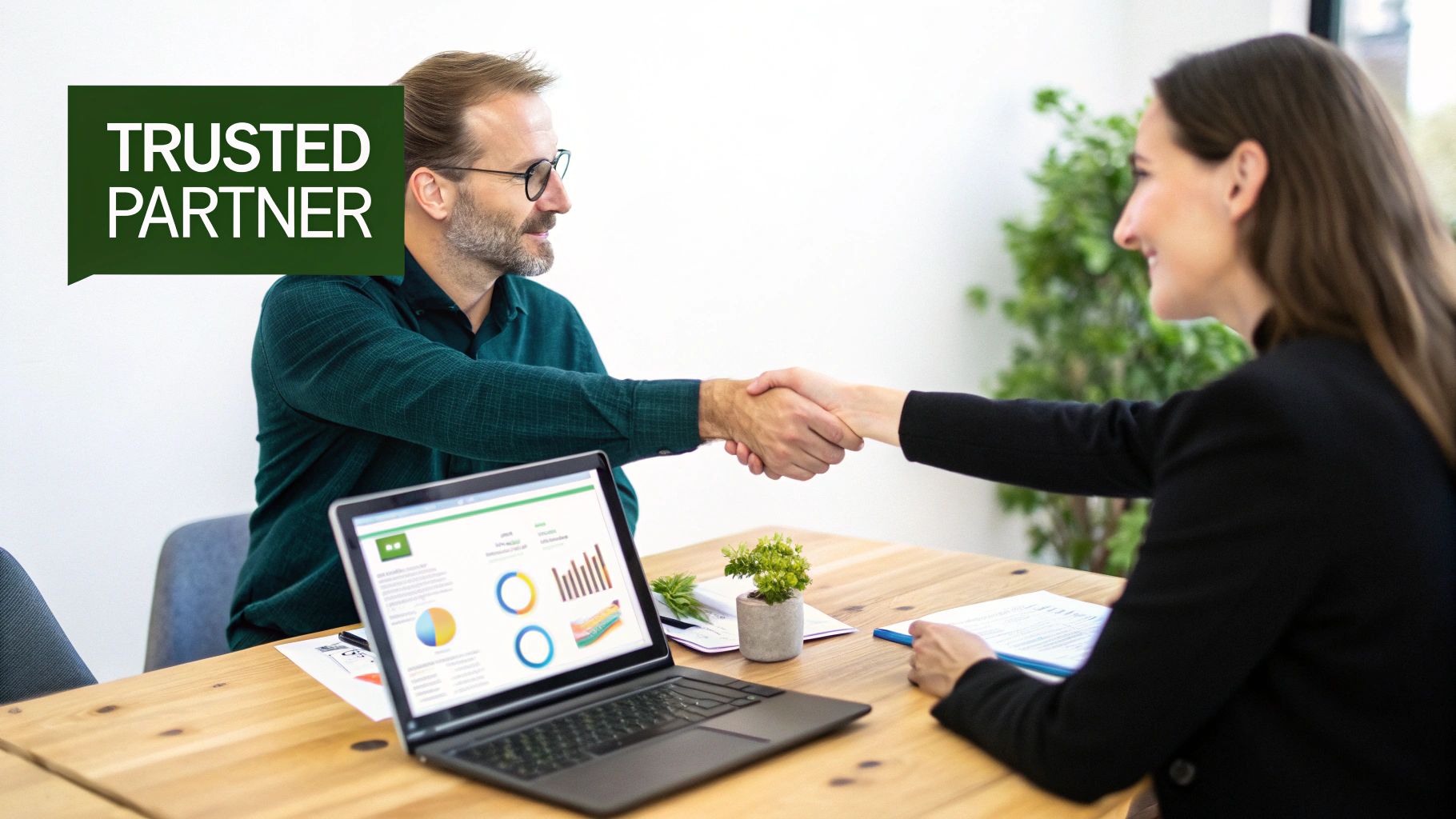 Two business professionals shaking hands over a laptop with data, emphasizing a trusted partnership.