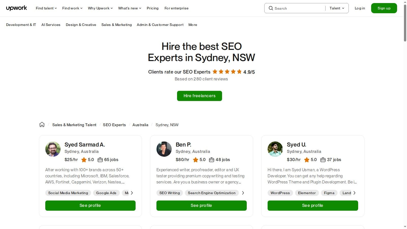 Upwork Sydney SEO Freelancers Page