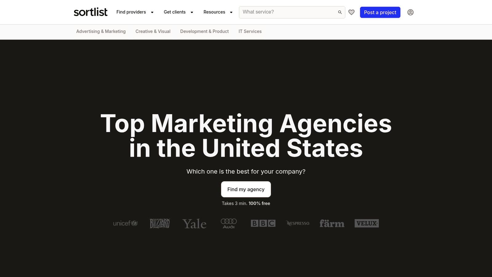 A screenshot of the Sortlist platform showing how a user can submit a project brief to connect with marketing agencies in the United States.