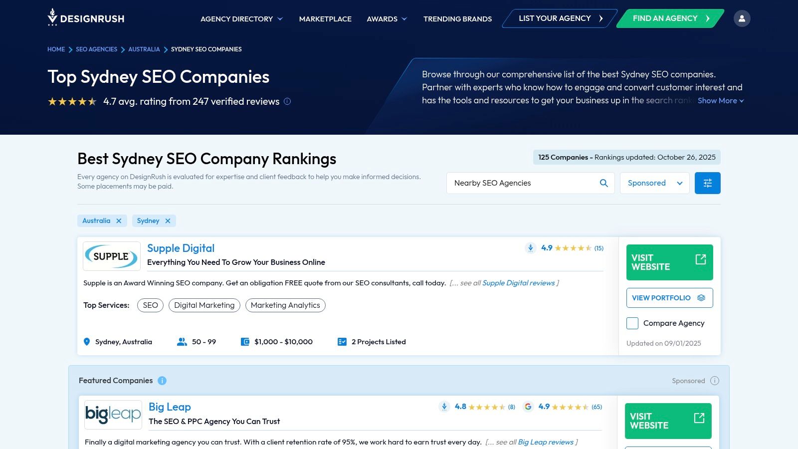 DesignRush Sydney SEO Agencies Page