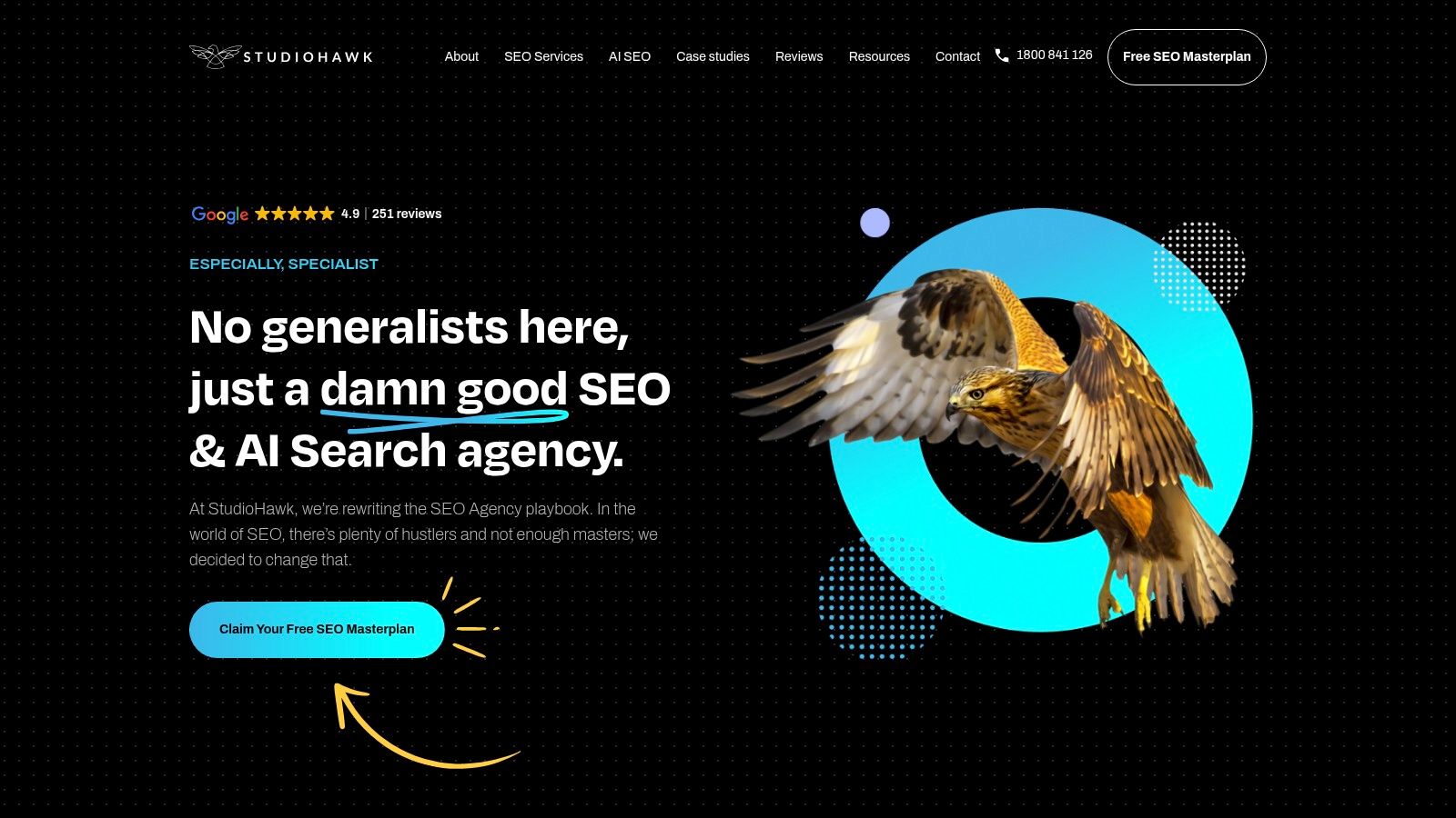 A screenshot of the StudioHawk website homepage, highlighting their focus on SEO and their award-winning status.