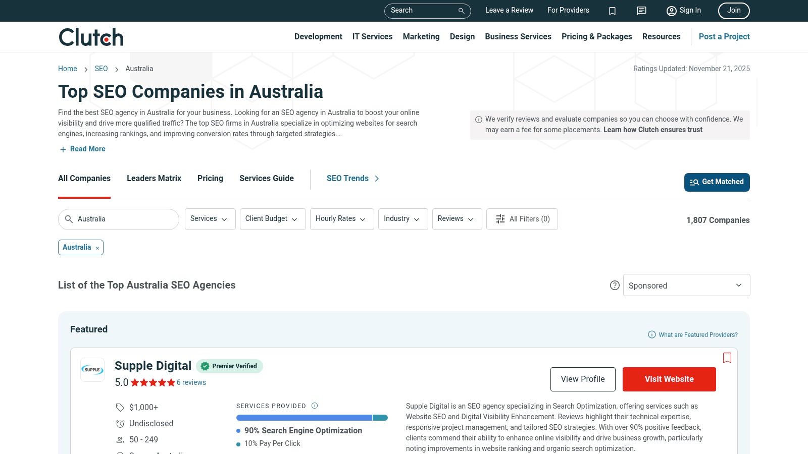 Clutch — Top SEO Companies in Australia (filter to Perth)
