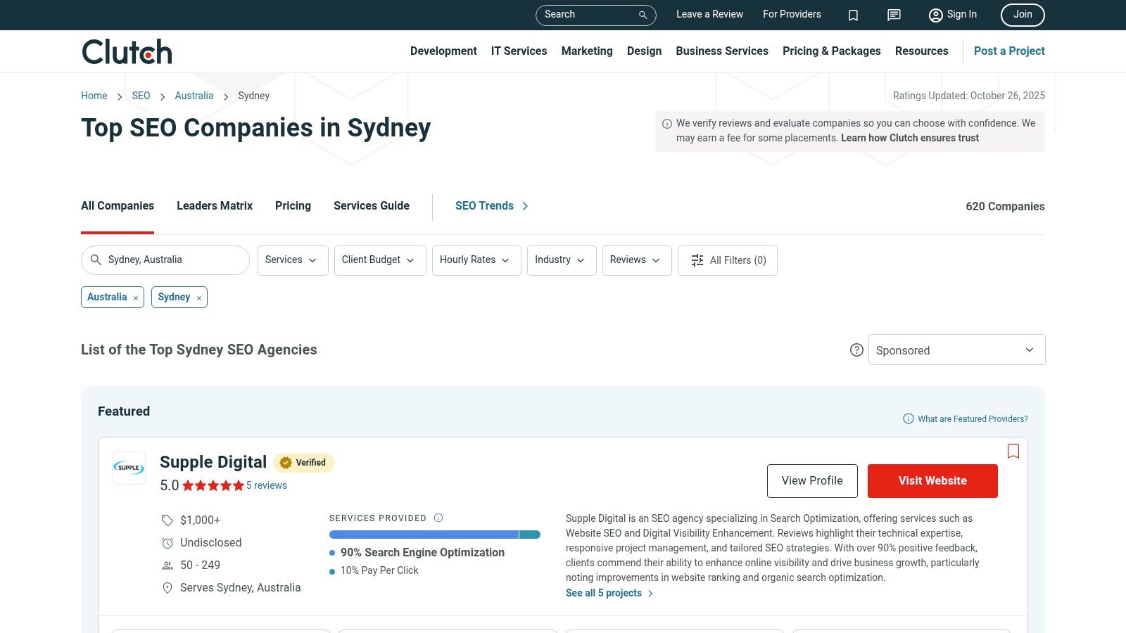 Clutch Sydney SEO Agencies Page