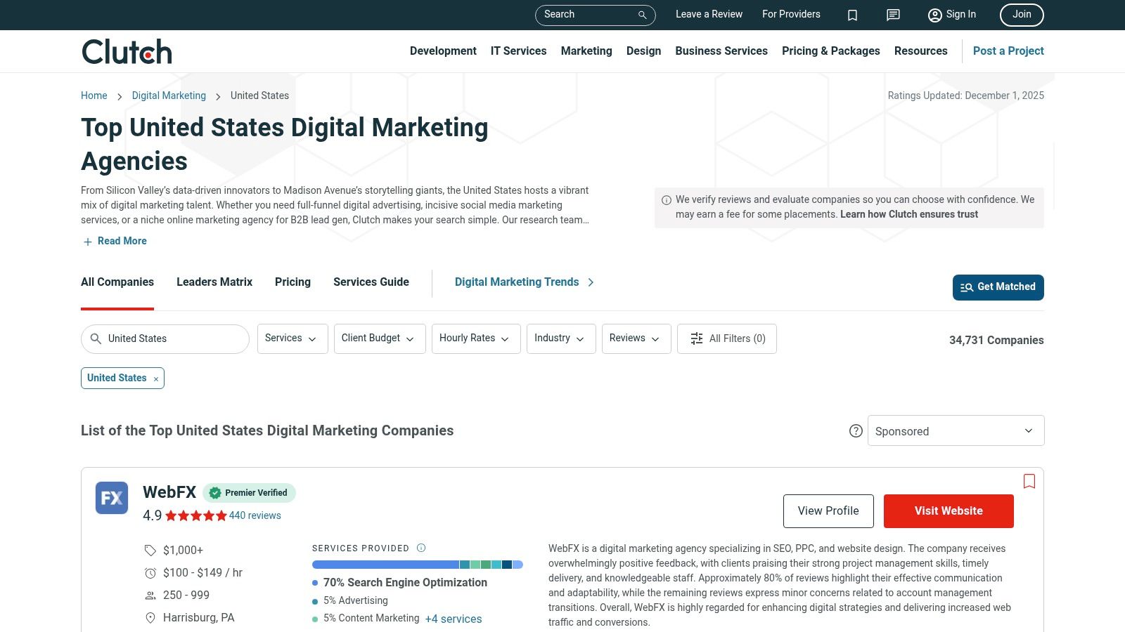 A screenshot of the Clutch website showing a list of top digital marketing agencies in the USA, with filters and agency profiles visible.