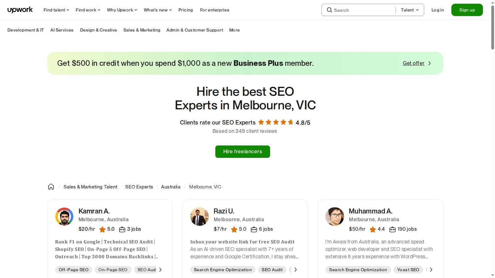 A screenshot of the Upwork platform, showing profiles of Melbourne-based SEO freelancers with their rates and reviews.