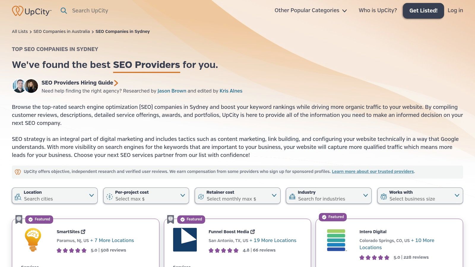 UpCity Sydney SEO Agencies Page