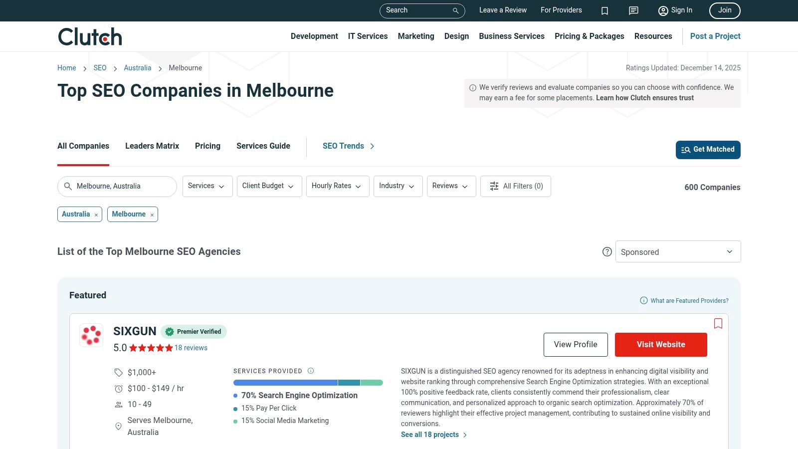 A screenshot of the Clutch website, showing a list of Melbourne SEO agencies with their ratings and reviews.