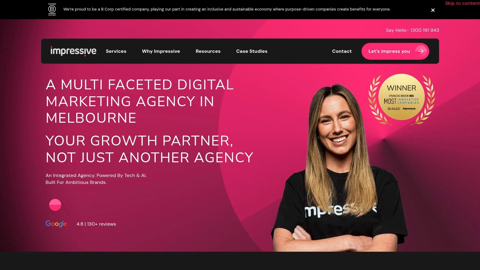 A screenshot of the Impressive website homepage, showcasing their branding and service offerings.