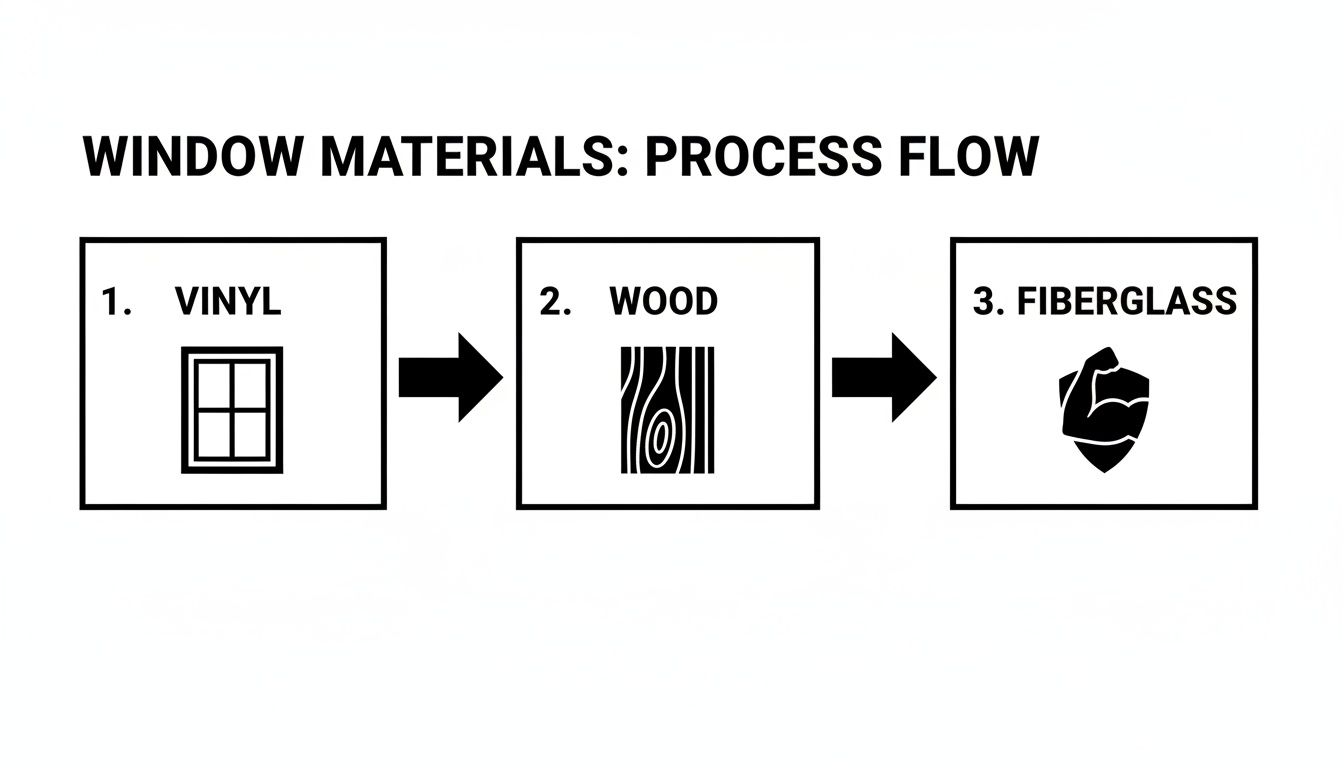 Process flow chart illustrating three window materials: vinyl, wood, and fiberglass, each with an icon.