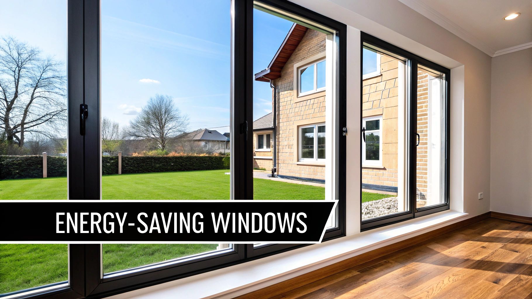 Modern energy-saving sliding windows providing a clear view of a green backyard and a residential house.