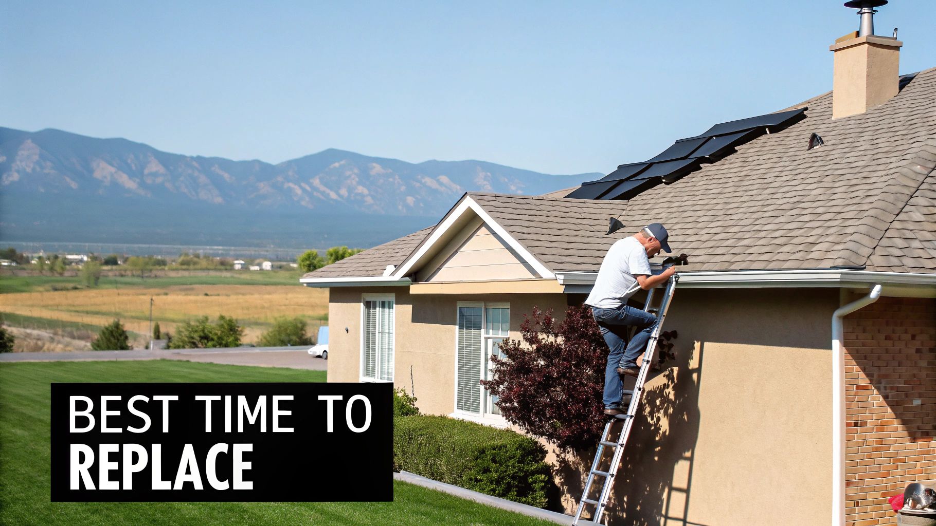 A man on a ladder working on a house roof with solar panels and mountains in the background.