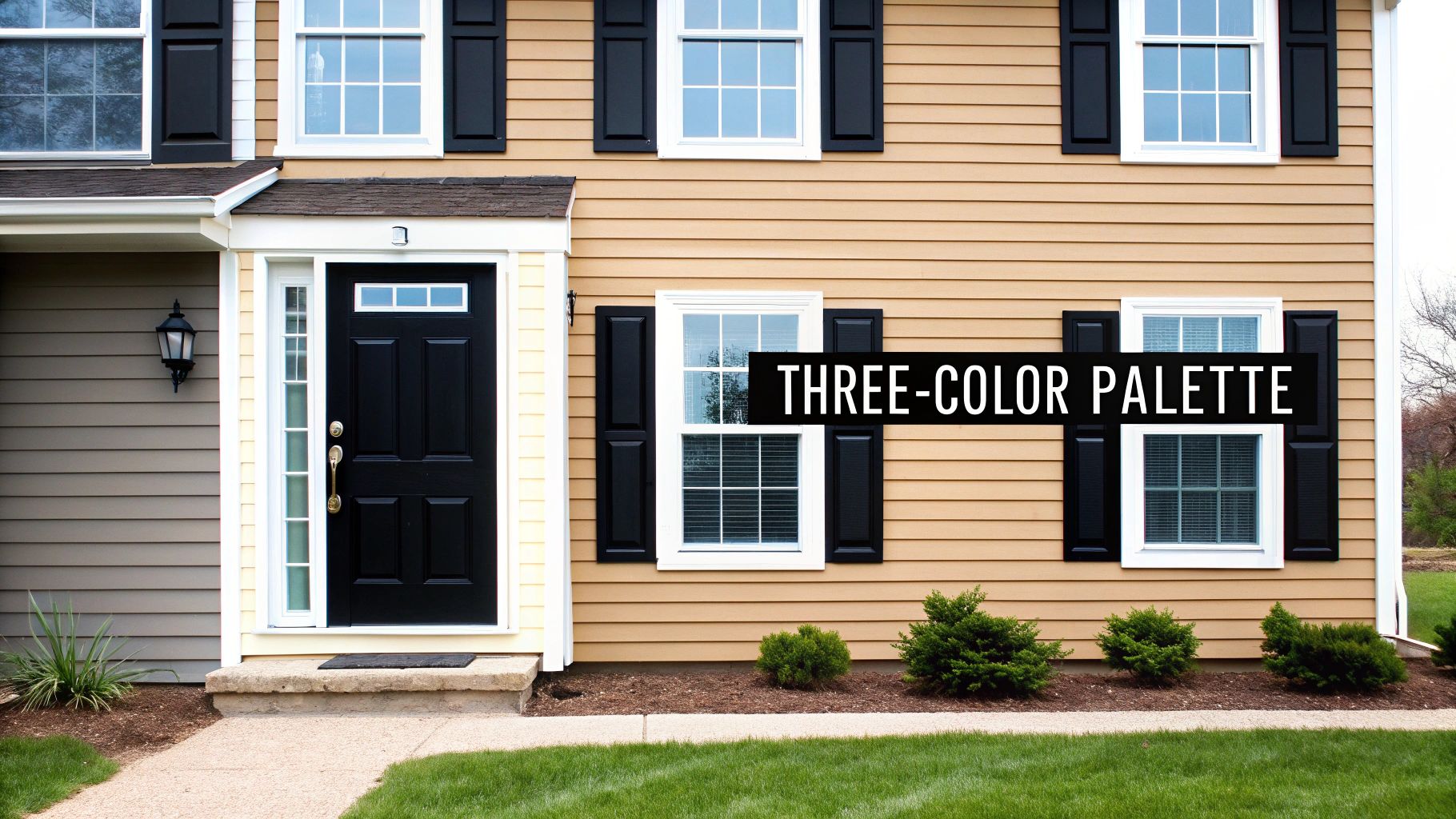 Front of a house showcasing a three-color palette with tan siding, black shutters, and white trim.