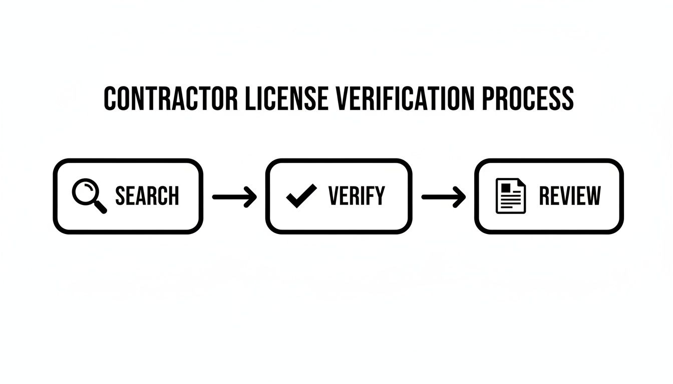 Flowchart illustrating the contractor license verification process steps: Search, Verify, Review.