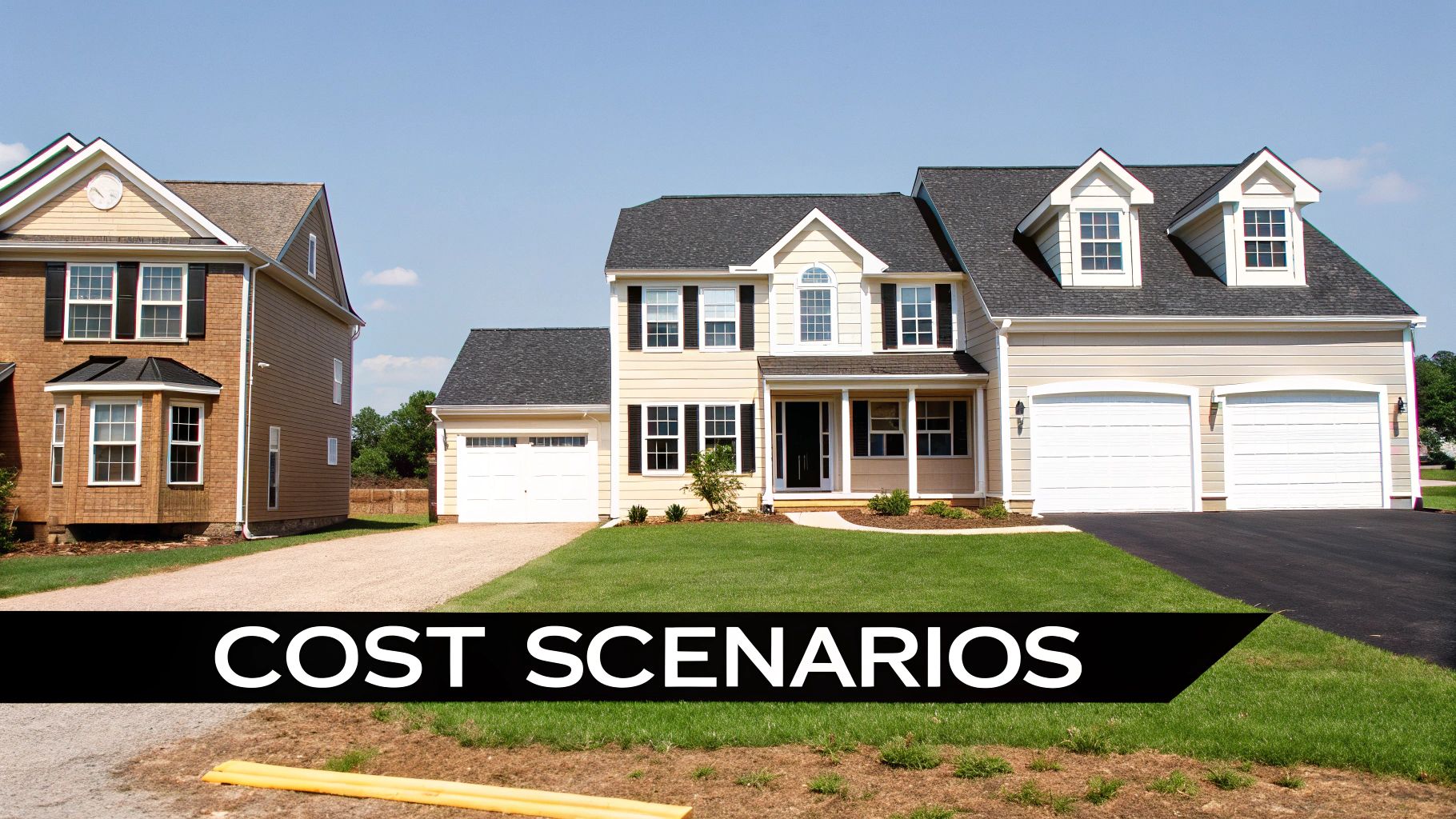 Two newly built houses, one brick and one with light siding, under a clear blue sky, with 'COST SCENARIOS' text overlay.