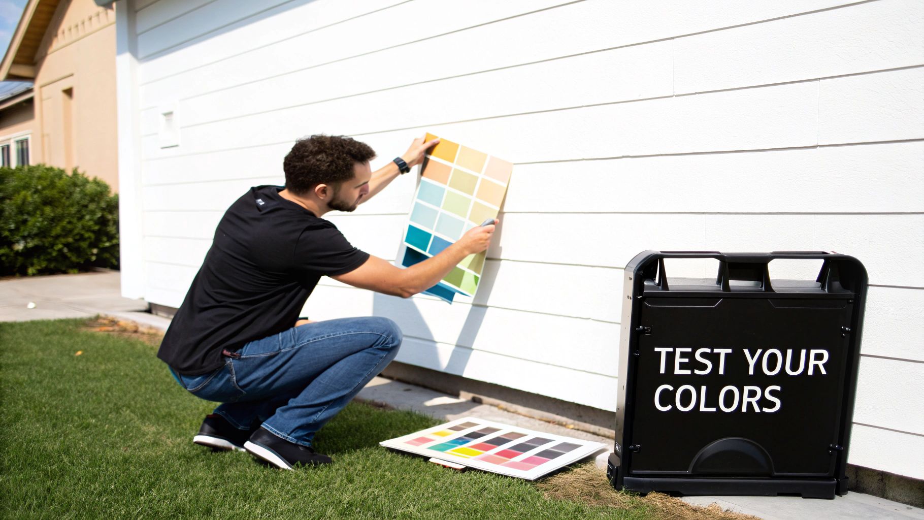 A man tests exterior paint colors by holding a large swatch board against a white house wall.