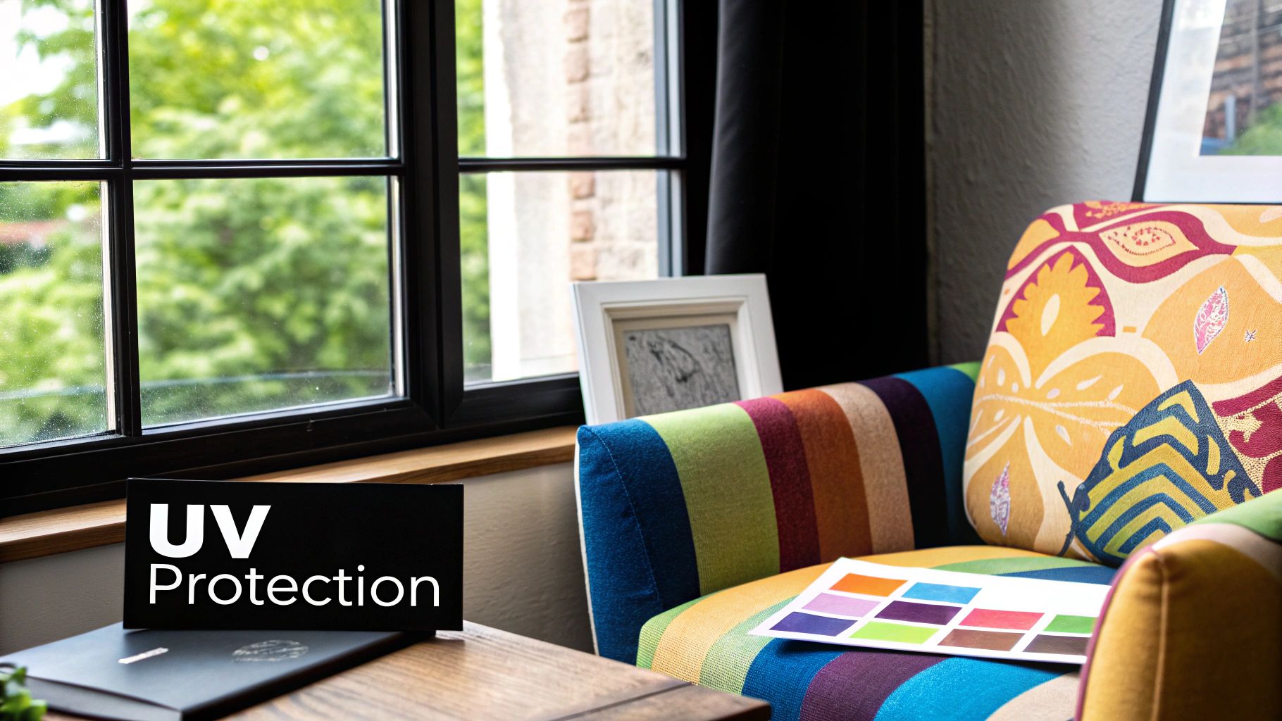 Cozy living space with a window, a colorful armchair, and a sign promoting UV protection.