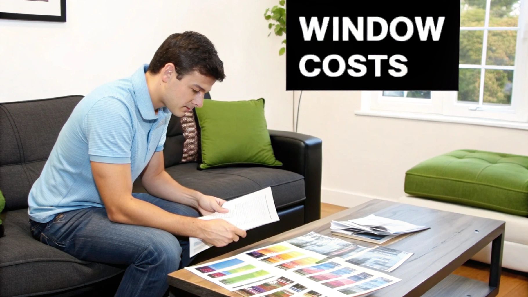 A man researches window costs, reviewing documents and color samples on a coffee table.