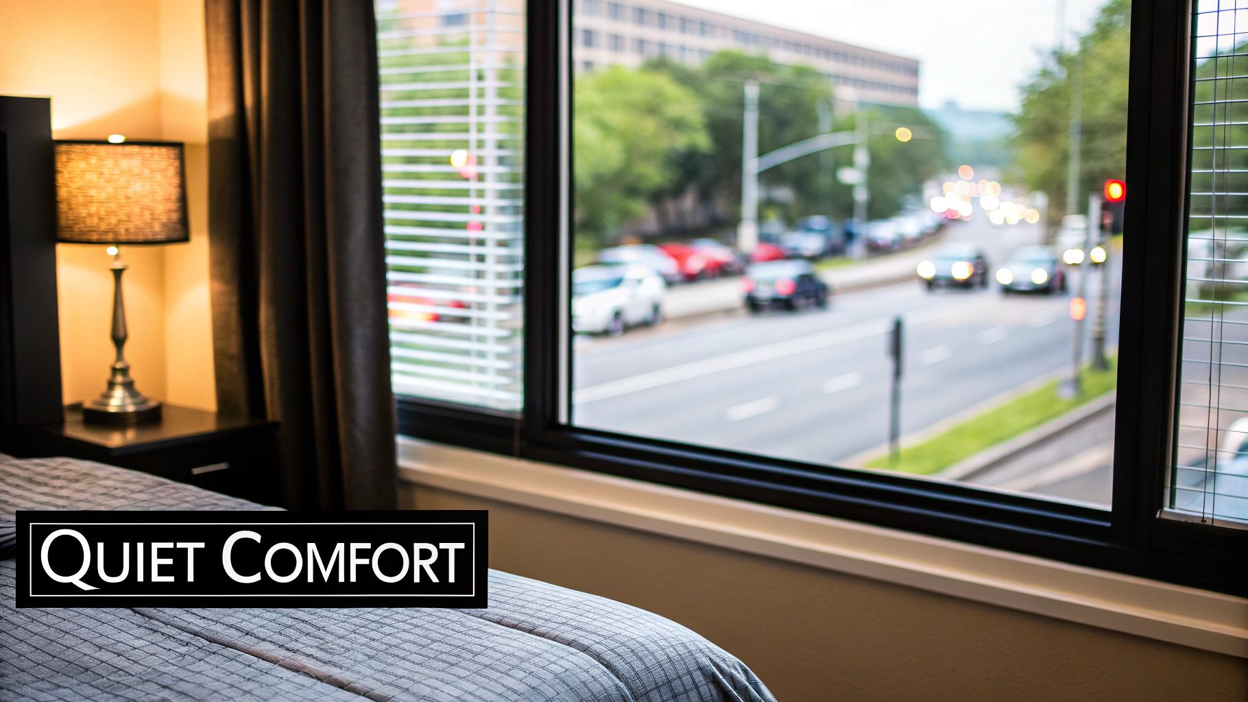 A comfortable bedroom with a window overlooking a bustling city street at dusk, highlighting quiet comfort.
