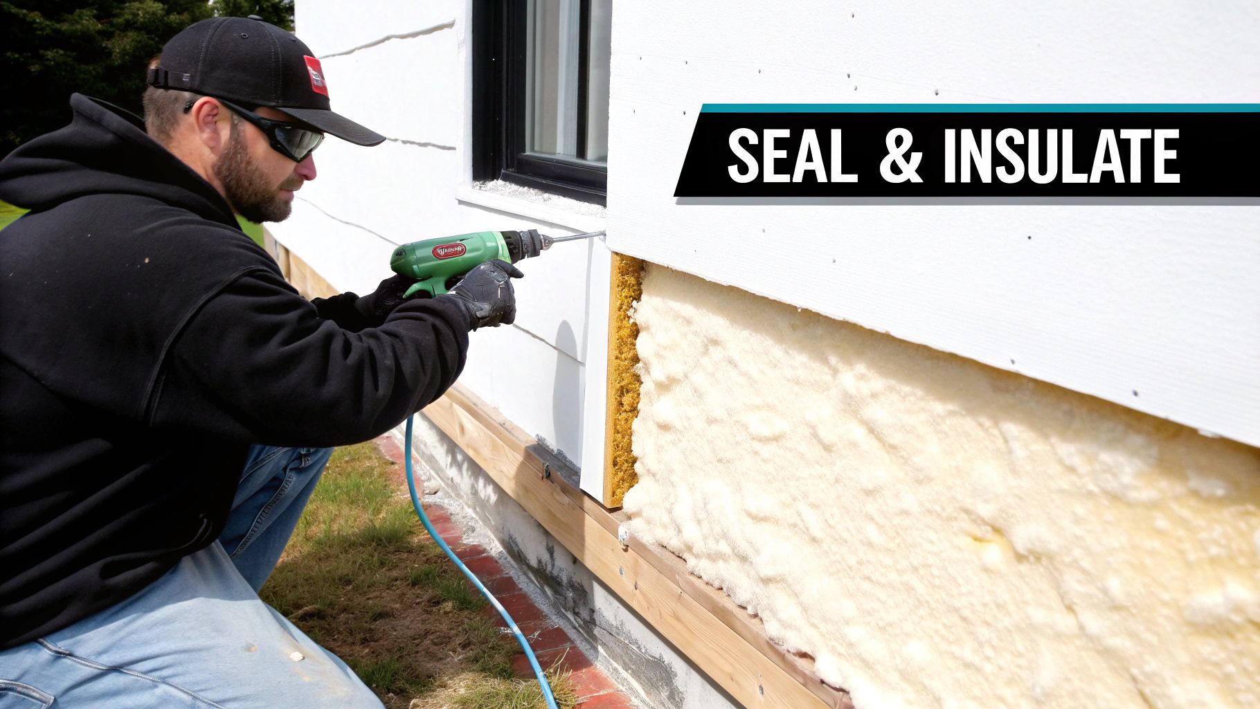 A man drills into a house wall, revealing exposed insulation for sealing and insulating.