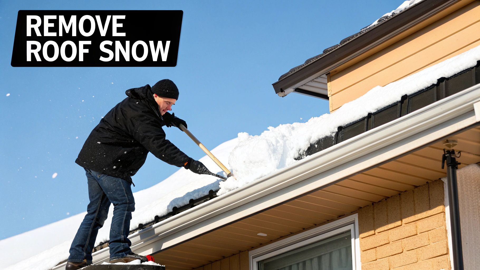 Man in winter clothing shoveling a thick layer of snow from a residential roof on a sunny day.