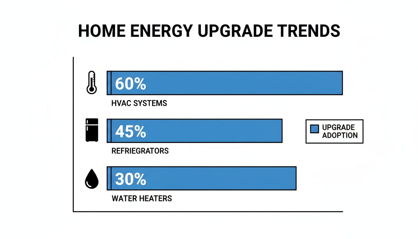 Bar chart illustrating home energy upgrade trends: HVAC (60%), refrigerators (45%), and water heaters (30%).
