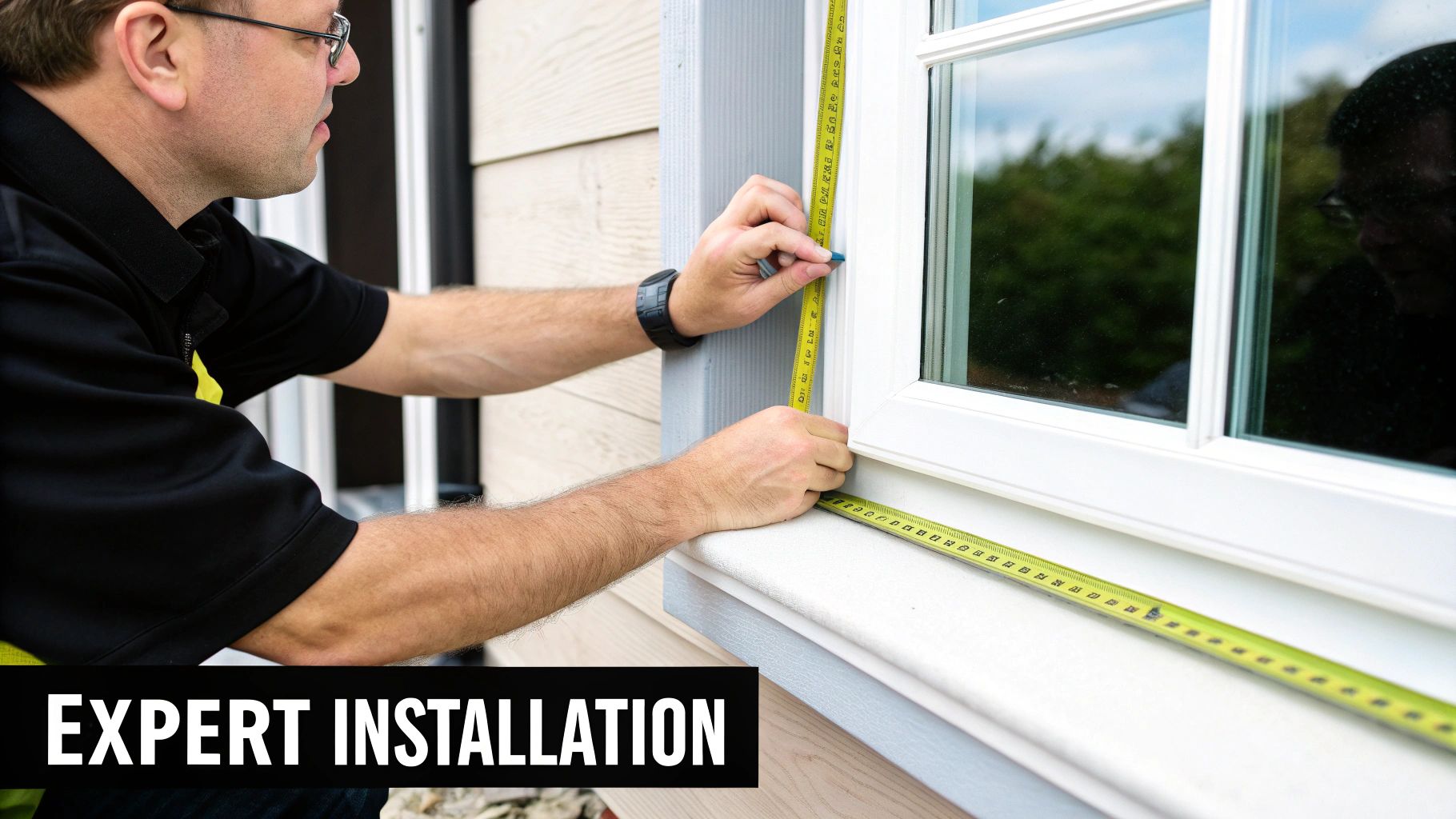 A professional expertly measuring a white window frame with a tape measure for installation.