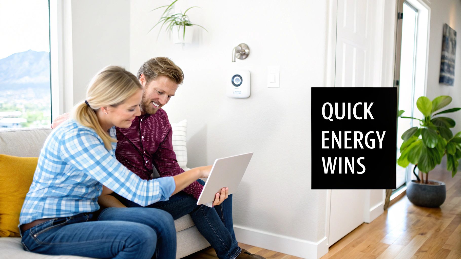 A smiling couple reviews energy-saving tips on a tablet in their living room, with a 'Quick Energy Wins' overlay.