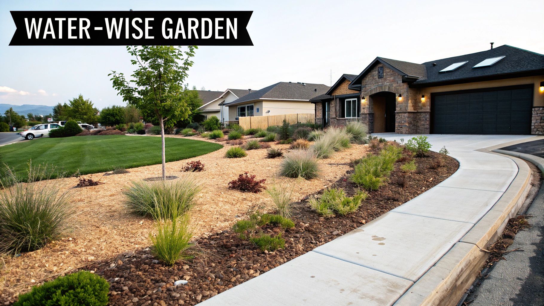 A modern house front yard featuring a water-wise garden with drought-tolerant plants, mulch, and a green lawn.