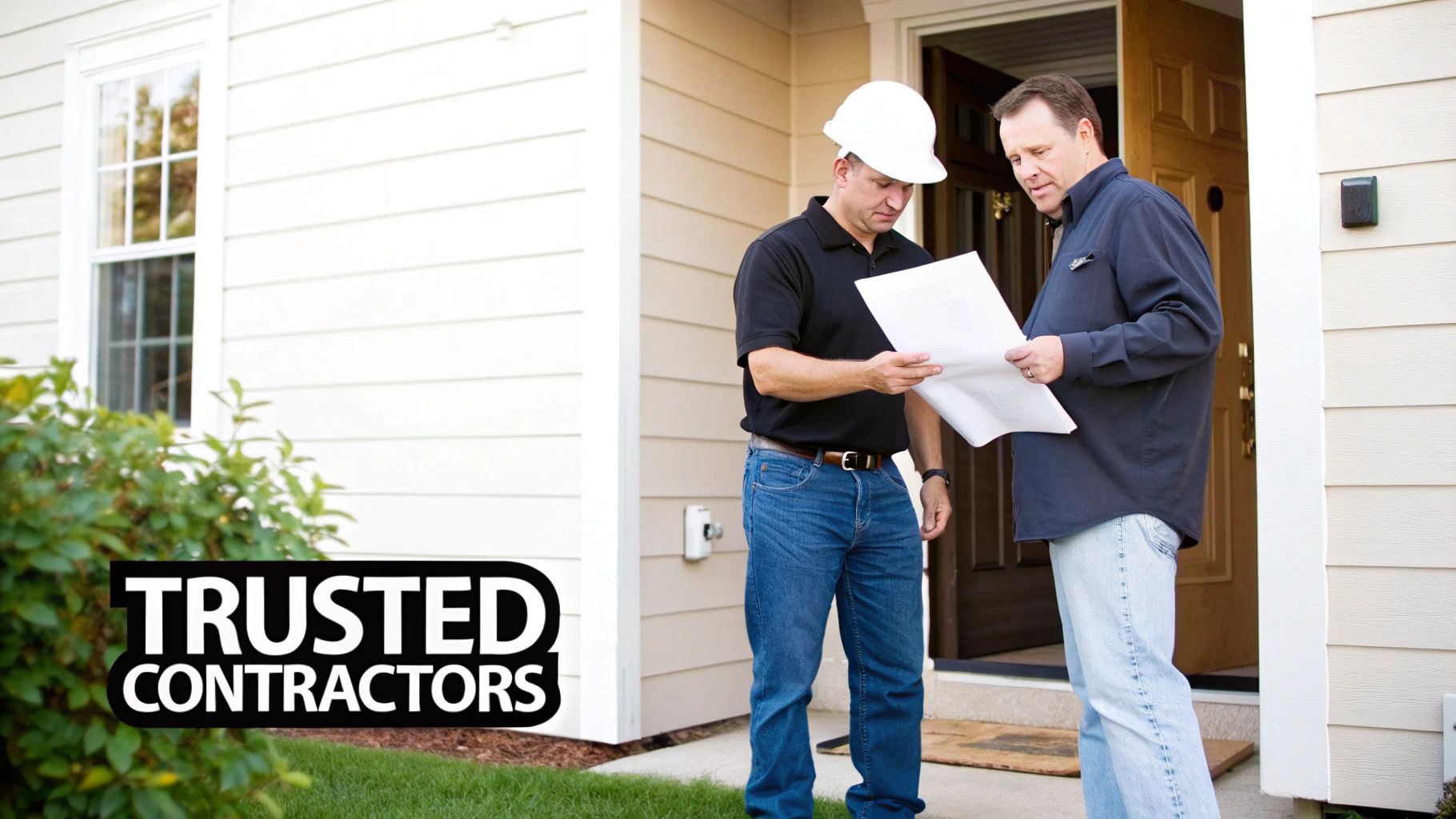 Two men, one in a hard hat, discuss blueprints outside a house with 'Trusted Contractors' text.