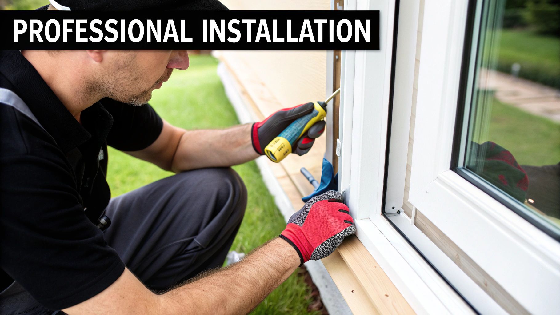 A professional installer wearing gloves uses a screwdriver to fit a new white window frame.